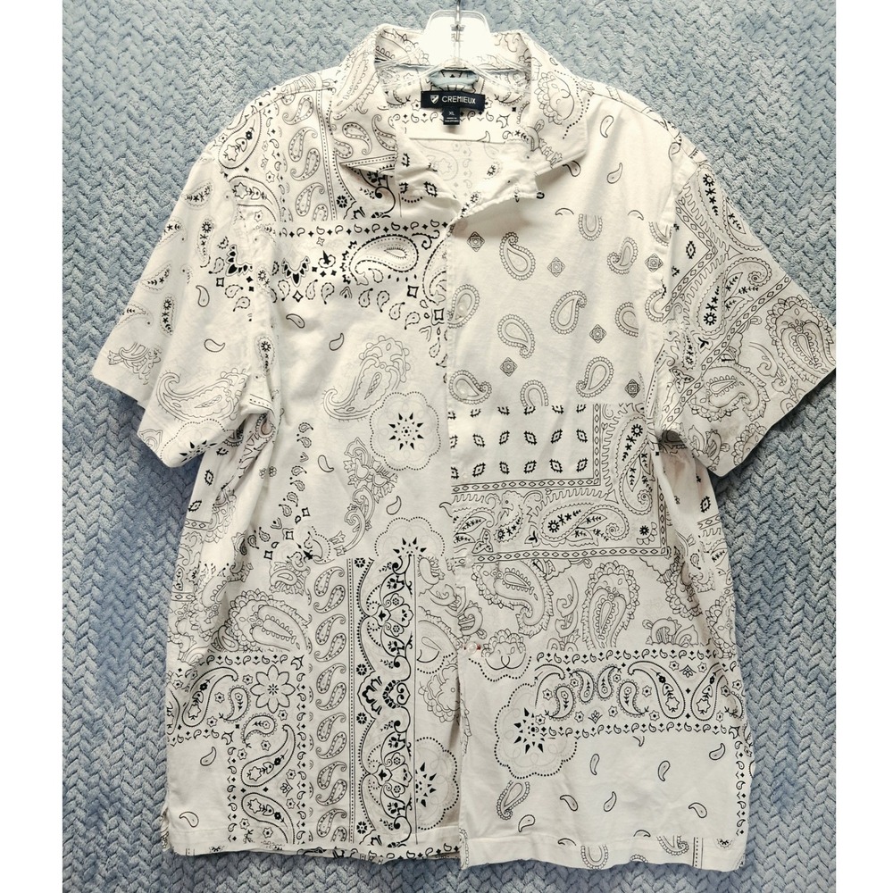Cremieux Mens XL White Black Paisley Bandana Print Cotton Short Sleeve Button Up